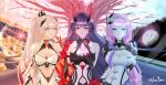  3girls absurdres black_dress black_shrug breasts cleavage commentary corset crystal_flower detached_sleeves dress elf elysia_(honkai_impact) elysia_(miss_pink_elf)_(honkai_impact) hair_ornament high_ponytail highres honkai_(series) honkai_impact_3rd horns jonayuna kiana_kaslana kiana_kaslana_(herrscher_of_flamescion) large_breasts long_hair medium_breasts moon multicolored_hair multiple_girls orange_streaks pink_hair pointy_ears ponytail purple_eyes purple_hair raiden_mei raiden_mei_(herrscher_of_thunder) red_horns shrug_(clothing) smile streaked_hair tree twitter_username very_long_hair white_corset white_dress white_hair 