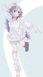  1girl abe_kanari alternate_costume barefoot blue_hair braid brown_hair commentary_request frilled_shirt frilled_shorts frills full_body high_school_fleet highres kawano_tsubame leg_warmers long_hair looking_at_viewer loose_leg_warmer loose_socks shirt shorts single_braid socks solo standing standing_on_one_leg white_leg_warmers white_shirt white_shorts 