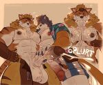 abs anthro balls belt bodily_fluids calico_cat clothing cum cum_on_chest domestic_cat duo epic_games erection felid feline felis fortnite genital_fluids genitals glans gloves handjob handwear hi_res krampusivyy male male/male mammal meowtooth muscular muscular_male open_belt penile penis purradise_meowscles saliva saliva_string sex simple_background tan_background vein veiny_penis