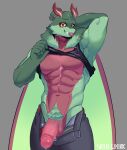 anthro arthropod bami_(srtd_dirk) flexing genitals grey_background hi_res insect lepidopteran looking_at_viewer male moth pecs penis pubes simple_background solo srtd_dirk unzipped unzipped_pants zipper