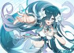  1girl :d absurdres beamed_sixteenth_notes blue_eyes blue_hair bracelet commentary_request fins flower genshin_impact gradient_hair grey_hair hair_flower hair_ornament hair_over_one_eye hand_on_own_chest head_fins highres jewelry long_hair looking_at_viewer merfolk mermaid midriff monster_girl multicolored_hair musical_note musical_staff navel open_mouth outstretched_arm quarter_note samon_(vxxr8575) shell shell_hair_ornament singing smile solo treble_clef very_long_hair vodyanitsa_(genshin_impact) white_flower 