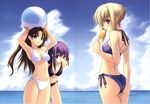  artoria_pendragon_(all) ball beachball bikini blonde_hair breasts cloud day fate/stay_night fate_(series) food holding_beachball matou_sakura midriff multiple_girls popsicle saber shingo_(missing_link) side-tie_bikini swimsuit toosaka_rin water 