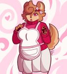 accessory anthro apron bodily_fluids bottomwear brown_body brown_fur chipmunk clothing female fur ground_squirrel hair_accessory hairpin hi_res legwear mammal one_eye_closed open_mouth pattern_background pattern_clothing pawpads paws pink_eyes roblox rodent sciurid signature simple_background skirt solo sstarr stockings striped_clothing stripes sweat sweatdrop sweater tail tail_tuft toons_universe topwear tuft weffle_(toons_universe)