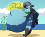 anthro beach bikini black_hair bottomwear clothing cloud deerling dewott digestion digestion_noises digestion_sequence ears_up eyewear female female_pred female_prey generation_5_pokemon goggles hair hand_on_belly hazel_(the_hookaloof) hi_res holding_belly nintendo pokemon pokemon_(species) same_size_vore shell shelly_(shellydadewwy) shorts sun swimwear the_hookaloof two-piece_swimsuit vore wet_belly