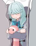  1girl 4others ahoge aqua_bow aqua_bowtie bow bowtie braid brown_dress coat commentary_request dress grey_coat grey_hair hair_over_eyes hair_over_shoulder hamanami_(kancolle) highres hugging_doll hugging_object kantai_collection mariuta multiple_others single_braid solo_focus stuffed_snake upper_body 
