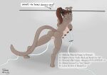 8_breasts anthro athletic athletic_anthro athletic_female blue_eyes bodily_fluids breast_milking breasts canid canine canis cougar cuff_(restraint) felid feline female gamal gameplay_mechanics genitals hair hi_res hybrid lactating machine mammal milking_machine multi_breast multicolored_body nielo_(gamal) ponytail red_hair restraints solo speech_bubble spread_legs spreading tan_body two_tone_body vulva wolf