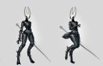2_horns 2_toes 4_fingers anthro arachnid armored_body arthropod arthropod_abdomen biped digital_drawing_(artwork) digital_media_(artwork) digitigrade english_description english_text feet female fingers flat_chested grey_background hi_res hollow_eyes hollow_knight_(franchise) horn hornet_(hollow_knight) nude nude_anthro nude_female shaded shalopai sharp_fingers simple_background skinny_anthro skinny_female solo spider spines standing team_cherry text toes weapon weapon_on_back white_face