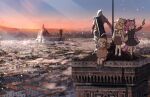  1boy 3girls absurdres advarcher ahoge animal_ears assassin's_creed_(series) assassin's_creed_ii black_shirt black_skirt blonde_hair breasts brown_cape brown_hair brown_skirt cape coat ezio_auditore_da_firenze florence_(city) gigi_murin gloves hair_intakes hair_ornament hat highres holding holding_map hololive hololive_english hood hood_up hoodie large_breasts long_hair long_sleeves map map_(object) medium_breasts multicolored_hair multiple_girls open_mouth orange_hoodie panther_ears panther_girl panther_tail pink_hair raora_panthera real_world_location shirt skirt streaked_hair tail twintails two-tone_hair vambraces virtual_youtuber watson_amelia white_coat yellow_eyes 