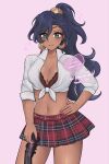  1girl alternate_costume blue_hair commentary commission dark-skinned_female dark_skin english_commentary fire_emblem fire_emblem:_fortune's_weave front-tie_top green_eyes highres leda_(fire_emblem) looking_at_viewer luci_(purrlucii) midriff miniskirt navel pink_background plaid_clothes plaid_skirt ponytail red_skirt shirt skirt smile solo stomach tied_shirt white_shirt 