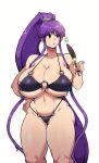  1girl bare_arms bikini black_bikini breasts chocolate-covered_food chocolate_banana cleavage collarbone commentary commission curious curvy eiken english_commentary feet_out_of_frame food grey_eyes hand_up high_ponytail highleg highleg_bikini highres holding holding_food huge_breasts knees long_hair long_sidelocks micro_bikini misono_kirika navel notice_lines o-ring o-ring_bikini parted_bangs ponytail purple_hair pursed_lips sidelocks simple_background skindentation solo standing stomach swimsuit talking thick_thighs thighs toned toned_female underboob very_long_hair very_long_sidelocks white_background yukiyuki_(uki_bill4744) 