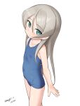  1girl absurdres alternate_costume blue_eyes commentary_request covered_navel dated flat_chest free! grey_hair highres javelin_(kancolle) kantai_collection long_hair looking_at_viewer loose_hair_strand maru_(marg0613) old_school_swimsuit one-hour_drawing_challenge school_swimsuit simple_background smile solo standing swimsuit twitter_username white_background 