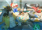  1girl 1other 3boys aak_(arknights) animal_ears arknights barefoot black_coat black_shorts blue_shorts cat_ears cat_tail closed_eyes closed_mouth coat colored_tips commentary_request doctor_(arknights) dog_ears dog_tail dragon_boy dragon_ears dragon_horns fangs fins fish_tail food fruit furry furry_female furry_male grey_shirt grin highres holding holding_food holding_tray horns hung_(arknights) jacket komainu_boy lee_(arknights) multicolored_hair multiple_boys navel open_clothes open_mouth open_shirt pool red_jacket round_eyewear shirt shorts single_horn smile tail tiger_ears tiger_girl tiger_stripes tiger_tail toeezqmyx1hh0yw tray waai_fu_(arknights) water_gun watermelon watermelon_slice wet white_shirt yellow_shirt 
