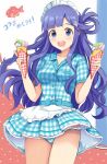  1girl :d absurdres apron asari_nanami blue_bow blue_eyes blue_panties blue_shirt blue_skirt bow breasts collared_shirt commentary_request cowboy_shot gingham_clothes gingham_panties gingham_shirt gingham_skirt glyn070605a hair_rings hands_up highres holding holding_ice_cream_cone ice_cream_cone idolmaster idolmaster_cinderella_girls long_hair looking_at_viewer lowleg lowleg_panties maid_apron maid_headdress medium_breasts miniskirt open_mouth panties pantyshot purple_hair shirt short_sleeves single_hair_ring skirt smile solo standing underwear very_long_hair waist_apron wavy_hair white_apron 