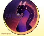 2019 6:5 ambiguous_gender dragon english_text european_mythology fatespeaker_(wof) feral hi_res horn long_neck markings mythological_creature mythological_scalie mythology nightwing_(wof) purple_eyes scales scalie snout solo spikes spikes_(anatomy) suntropikl text three-quarter_view western_dragon wings_of_fire