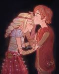  1boy 1girl armor astrid_hofferson bandaged_arm bandages black_background blonde_hair braid braided_ponytail brown_hair closed_eyes commentary cowboy_shot dress english_commentary english_text from_side hand_on_another's_arm hand_on_another's_cheek hand_on_another's_face hand_on_another's_forehead headband hetero hiccup_horrendous_haddock_iii highres how_to_train_your_dragon_(series) kiss kissing_forehead long_hair low_ponytail no_139401 orange_hair orange_headband ponytail red_skirt red_vest short_hair shoulder_armor sidelocks simple_background single_braid skirt skull spikes vest 