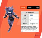  1girl armor artist_name bad_source black_bodysuit blue_eyes blue_hair bodysuit character_profile deviantart_logo deviantart_username english_text faulds greaves height looking_at_viewer orange_background pauldrons personification pokedex_number pokemon pokemon_sword_and_shield purple_armor sabaton shellder shoulder_armor solo taruyamame vambraces venus_symbol watermark weight 