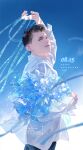  1boy absurdres android arm_up birthday_date black_hair blue_flower blue_sky bouquet brown_eyes chinese_commentary collared_shirt commentary_request connor_(detroit) detroit:_become_human flower happy_birthday highres holding holding_bouquet hologram iyzlime long_sleeves looking_at_viewer male_focus mole mole_on_cheek multiple_moles outdoors parted_lips ribbon shirt short_hair sky solo sparkle upper_body very_short_hair watermark white_shirt 