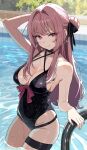  1girl absurdres arm_up armpit_crease black_choker black_one-piece_swimsuit black_ribbon blush breasts choker cleavage commentary commission earrings groin hair_bun hair_intakes hair_ribbon hanazono_tsumugi highres humidasi79 jewelry leaf long_hair looking_at_viewer medium_breasts one-piece_swimsuit original pink_eyes pink_hair pool pool_ladder ribbon sidelocks skeb_commission smile solo standing swept_bangs swimsuit thigh_strap wading 