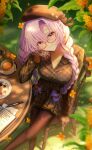  1girl absurdres black_pantyhose blurry blurry_foreground braid breasts brown_hat chair closed_mouth commentary_request cookie cup fishnet_gloves fishnets food glasses gloves hair_ribbon hand_up hat highres hyakumantenbara_salome jewelry kisiti_07 long_hair long_sleeves looking_at_viewer low_twin_braids necklace nijisanji on_chair outdoors pantyhose parted_bangs plate purple_eyes purple_hair ribbed_sweater ribbon sitting smile solo spoon sweater symbol_in_eye teacup twin_braids virtual_youtuber white_sweater 