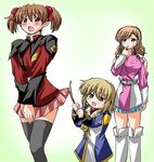  blonde_hair boots cagalli_yula_athha cosplay fukuzawa_yumi gundam gundam_seed gundam_seed_destiny implied_pantyshot knee_boots long_sleeves lowres lunamaria_hawke maria-sama_ga_miteru military military_uniform multiple_girls parody pink_skirt satou_sei skirt skirt_lift steed_(steed_enterprise) stellar_loussier stick thighhighs toudou_shimako uniform white_footwear zettai_ryouiki 