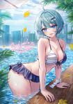  1girl absurdres ahoge aqua_hair bikini blue_bikini blue_eyes blue_nails blurry blurry_foreground breasts city cleavage commentary_request commission from_side hair_between_eyes highres indie_virtual_youtuber karri_oke large_breasts leaning_forward looking_at_viewer mirukurim multicolored_bikini open_mouth outdoors pool short_hair skeb_commission skyline swimsuit two-tone_bikini virtual_youtuber water wet white_bikini 