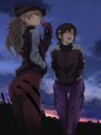  2girls ass bodysuit brown_hair can cloud cloudy_sky commentary_request dusk hands_in_pockets hat hat_with_ears highres holding holding_can jacket long_hair makinami_mari_illustrious mecha_pilot_suit multiple_girls neon_genesis_evangelion oono_tsutomu open_mouth pink_bodysuit plugsuit_(evangelion) ponytail rebuild_of_evangelion red_bodysuit red_jacket sky souryuu_asuka_langley steam 