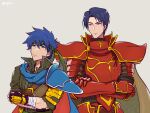  2boys armor blue_eyes blue_hair closed_mouth commentary_request crossed_arms eifilet fire_emblem fire_emblem:_path_of_radiance green_eyes green_headscarf headscarf ike_(fire_emblem) male_focus multiple_boys official_alternate_costume pauldrons red_armor short_hair shoulder_armor simple_background single_pauldron zelgius_(fire_emblem) 