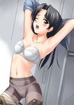  armpits arms_up black_eyes black_hair bra idolmaster idolmaster_(classic) idolmaster_1 kisaragi_chihaya lingerie locker locker_room long_hair one_eye_closed panties panties_under_pantyhose pantyhose solo tanaka_shoutarou underwear underwear_only undressing 