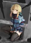  1girl 2others arms_behind_back bdsm black_gloves black_thighhighs blonde_hair blue_dress blue_feathers bondage boots bound bound_arms bound_torso box_tie breast_bondage breasts captured crotch_rope dress feathers fur-trimmed_boots fur_trim genshin_impact gloves highres kertaspata lumine_(genshin_impact) lumine_(night_hunt_in_snow)_(genshin_impact) medium_breasts multiple_others official_alternate_costume paid_reward_available red_rope restrained rope shibari shibari_over_clothes short_hair_with_long_locks solo_focus thighhighs yellow_eyes 