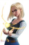  1girl android_18 backlighting belt belt_buckle black_shirt blonde_hair blood blood_on_chest blood_on_face blue_eyes breasts brown_belt buckle closed_mouth collarbone commentary denim denim_skirt dragon_ball earrings energy_ball english_commentary eyelashes from_side hair_behind_ear hand_up head_tilt highres instagram_logo instagram_username jewelry large_breasts looking_at_viewer medium_hair narrow_waist open_hand scratches sergio_lara shirt shirt_tucked_in signature simple_background skirt striped_sleeves sway_back torn_clothes torn_shirt torn_sleeves twitter_username twitter_x_logo upper_body white_sleeves 