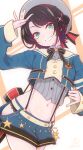  absurdres backwards_hat commentary_request gradient_hair hair_ornament hat highres hololive looking_at_viewer multicolored_eyes multicolored_hair ootori_karen oozora_subaru shirt short_hair shorts striped_clothes striped_shirt suspender_shorts suspenders vertical-striped_clothes vertical-striped_shirt virgin_killer_outfit virtual_youtuber 