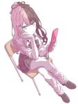  1girl black_bow black_bowtie black_shoes black_skirt bow bowtie brown_hair cellphone chair collared_shirt commentary_request crossed_legs flip_phone full_body gyaru hair_ornament hair_ribbon hairclip highres holding holding_phone kishinoko222 loafers looking_at_viewer multicolored_hair on_chair parted_bangs phone pink_hair pink_scrunchie ribbon school_chair school_uniform scrunchie shirt shirt_tucked_in shoes simple_background sitting skirt socks solo split-color_hair tachibana_hinano tachibana_hinano_(school_uniform) two-tone_hair virtual_youtuber vspo! white_background white_shirt white_socks wrist_scrunchie 