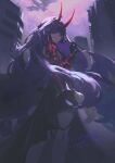 1girl airool armor artist_name building chinese_commentary commentary_request commission from_behind gauntlets hand_up highres honkai_(series) honkai_impact_3rd horns long_hair long_horns looking_at_viewer looking_back purple_eyes purple_hair purple_sky raiden_mei raiden_mei_(herrscher_of_thunder) red_horns shoulder_armor sky smile solo thighhighs white_thighhighs 