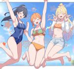  3girls :d ;d ^_^ barefoot bikini bikini_top_only black_hair blonde_hair blue_eyes blue_hair blue_shorts breasts cleavage closed_eyes commentary_request covered_navel cropped_jacket fang frilled_bikini frills full_body gradient_hair hair_bun hasu_no_sanrenka high_ponytail hinoshita_kaho hinoshita_kaho_(swimsuit) jacket jumping love_live! love_live!_hasu_no_sora_jogakuin_school_idol_club low_twintails medium_breasts multicolored_hair multiple_girls murano_sayaka murano_sayaka_(swimsuit) navel one_eye_closed open_clothes open_jacket open_mouth orange_bikini orange_hair osawa_rurino osawa_rurino_(swimsuit) ponytail short_hair short_shorts shorts single_hair_bun smile soyo1558686 swimsuit twintails white_jacket 