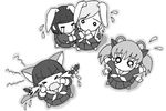  &gt;_&lt; animal_ears artist_request bunny_ears cat_ears chibi closed_eyes fukuzawa_yumi greyscale long_sleeves lowres maria-sama_ga_miteru monochrome multiple_girls nijou_noriko o_o pleated_skirt raccoon_ears school_uniform shimazu_yoshino skirt tears toudou_shimako 