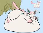 belly big_belly big_butt blob_body blobby blobified blue_background blush blush_lines bow_ribbon butt dewlap_(anatomy) eeveelution embarrassed fart fart_cloud fart_fetish fat_arms fat_legs female feral fur gas generation_6_pokemon green_eyes green_inner_ear hi_res huge_belly huge_butt hyper hyper_belly hyper_butt immobile lily_(maesilkwing) morbidly_obese nintendo obese obese_female obese_feral overweight overweight_female overweight_feral pink_body pink_fur pokemon pokemon_(species) ribbons_(anatomy) side_view silvaweeds_(artist) simple_background solo sylveon tail thick_thighs trans_(lore) trans_woman_(lore) white_body white_fur