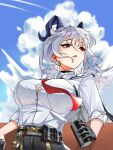  1girl absurdres black_gloves black_horns blue_sky breasts button_gap can chinese_commentary commentary_request curled_horns day drink_can earrings gloves grey_hair highres holding holding_can horns jewelry key_earrings large_breasts long_hair looking_to_the_side mole mole_under_eye necktie outdoors parted_lips puckkk red_eyes red_necktie shirt shirt_tucked_in sky solo turning_head upper_body white_shirt wind wuthering_waves zani_(wuthering_waves) 