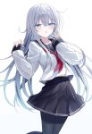  1girl anchor_symbol black_sailor_collar black_skirt black_thighhighs blue_eyes blush collarbone commentary_request eyes_visible_through_hair hair_between_eyes hibiki_(kancolle) highres kantai_collection long_hair looking_at_viewer midriff_peek neckerchief open_mouth pleated_skirt red_neckerchief sailor_collar shikuro_(iorimiyakiyo) shirt skirt sleeve_cuffs sleeves_past_wrists solo striped_clothes thighhighs white_background white_hair white_shirt 