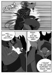 absurd_res anthro bat bodily_fluids canid canine clothing comic cracking_neck dialogue english_text eyewear eyewear_on_head fox fullbody_suit gloves goggles goggles_on_head handwear hi_res male mammal mask monochrome motion_lines smile speed_lines sweat text tired tongue tongue_out victor_johansen viola_bat viola_bat_(character)