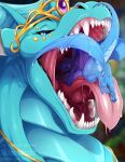 anthro blue_body blue_eyes bodily_fluids crown dragon dripping female feral frill_(anatomy) gaping_mouth head_crest head_frill headgear hi_res hida horn imminent_vore male membrane_(anatomy) membranous_wings mythological_creature mythological_scalie mythology nummynumz open_mouth pawpads pink_tongue raised_tail saliva saliva_drip saliva_string scales scalie sharp_teeth snout spread_wings tail teeth tongue tongue_out vore watermark wings