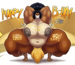 anthro areola aroused_smile balls balls_outline bell biceps big_areola big_balls big_breasts big_butt big_penis body_writing breasts bulge butt canid canine canis clothing crouching crowundeadcat curly_hair detailed_bulge dialogue domestic_dog eyebrows fangs flaccid footwear freckled_face freckles furrowed_eyebrows genital_outline genitals gynomorph hair hair_bun half-closed_eyes hands_behind_head hi_res huge_balls huge_breasts huge_butt huge_hips huge_penis huge_thighs intersex inviting_to_sex inviting_viewer lips looking_at_viewer male mammal milestone_celebration musclegut muscular muscular_male muscular_thighs narrowed_eyes overweight overweight_gynomorph overweight_intersex penis penis_outline sandals shoes smile smiling_at_viewer solo speech_bubble talking_to_viewer teeth text thick_bottom_lip thick_eyebrows thick_thighs thong tiptoes underwear venus_(jacky_arts) wide_hips