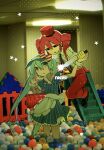  2girls apron aqua_eyes aqua_hair backrooms_(creepypasta) ball black_eyes black_necktie black_shoes blue_dress bow collared_shirt commentary diagonal-striped_bow dress drill_hair hair_between_eyes hat hatsune_miku highres holding holding_knife kasane_teto knife long_hair looking_at_another m888992l7 mesmerizer_(vocaloid) multiple_girls necktie red_hair red_hat shirt shoes striped_bow striped_clothes striped_shirt suspenders twin_drills twintails utau vertical-striped_clothes vertical-striped_shirt visor_cap vocaloid waist_apron white_apron white_shirt wrist_cuffs 