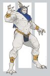 2026 2:3 4_fingers abs ankle_band anthro biceps black_bottomwear black_clothing black_loincloth blue_clothing blue_eyes blue_headwear bottomwear bulge butt calf_muscles claws clothed clothing deltoids digital_drawing_(artwork) digital_media_(artwork) ear_piercing ear_ring finger_claws fingers gargoyle grey_body headgear headwear hi_res jewelry kai_(derpydrake) loincloth loincloth_only male multicolored_body muscular muscular_anthro muscular_male navel nipples pecs piercing pointy_ears quads ring_(jewelry) ring_piercing serratus sharp_teeth signature simple_background solo taran_fiddler teeth thick_thighs topless white_body wristband