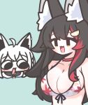  2girls absurdres animal_ear_fluff animal_ears aqua_background bikini black_eyes black_hair blush breasts chibi cleavage commentary fox_ears fox_girl front-tie_bikini_top front-tie_top hair_between_eyes hair_ornament highres hololive hood hoodie korean_commentary large_breasts long_hair looking_at_breasts miyaoo1224 multiple_girls official_alternate_costume ookami_mio ookami_mio_(hololive_summer_2019) open_mouth red_hair shirakami_fubuki shirakami_fubuki_(1st_costume) simple_background swimsuit upper_body virtual_youtuber white_hoodie wolf_ears wolf_girl 