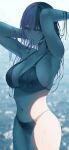  1girl absurdres arm_behind_head armpits arms_up bare_legs beach bikini black_bikini black_hair blue_eyes breasts cleavage collarbone commentary hair_tie hair_tie_in_mouth halterneck haru_(haru83380282) highres large_breasts long_hair mouth_hold multicolored_hair navel ocean outdoors pink_hair shadow solo stomach string_bikini sunlight swimsuit tachibana_hinano triangle_bikini_top two-tone_hair untranslatable_commentary virtual_youtuber vspo! wet 