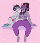 2018 accessory alien alien_humanoid animal_humanoid aquatic aquatic_humanoid archived_source black_eyes black_hair bottomwear breast_size_difference breasts bulge clothed clothing coleco_(ancient-trolls) digital_drawing_(artwork) digital_media_(artwork) dreadlocks duo ear_fins exclamation_point fan_character fangs female fin footwear grey_body grey_skin grub_scars gynomorph gynomorph/female hair hand_in_pants hand_under_clothing headband heart_symbol hi_res homestuck horn horned_humanoid humanoid humanoid_on_humanoid intersex intersex/female kneeling lenny_face lidded_eyes long_hair looking_pleasured medium_breasts meme ms_paint_adventures nipples not_furry open_mouth orange_horn panties pants pants_only pictographics pink_background purple_bottomwear purple_clothing purple_eyes purple_fins purple_headband purple_mouth purple_nipples purple_pants purple_sweatpants red_clothing red_panties red_underwear sharp_teeth short_hair simple_background sitting skurvi_(ancient-trolls) small_breasts socks sweatpants teal_clothing teal_footwear teal_socks teeth topless topless_female topless_gynomorph topless_intersex troll_(homestuck) twinkietwinks underwear wavy_hair yellow_sclera
