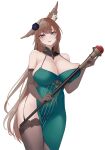  1girl absurdres amagi_(azur_lane) amagi_(cv)_(azur_lane) amagi_(cv)_(throne_of_fallen_petals)_(azur_lane) animal_ears azur_lane breasts brown_gloves brown_hair brown_thighhighs cleavage commentary_request dress elbow_gloves flower fox_ears gloves green_dress hair_flower hair_ornament highres holding holding_staff large_breasts long_hair looking_at_viewer purple_eyes purple_flower qiye_luoying simple_background solo staff thighhighs white_background 