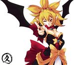  bat_wings blonde_hair bow breasts cleavage disgaea dress hisahiko huge_bow makai_senki_disgaea_2 medium_breasts one_eye_closed pointing pointy_ears red_eyes rozalin solo strapless strapless_dress wings yellow_bow 