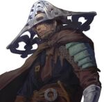  1boy absurdres armor belt belt_buckle black_belt bloody_finger_hunter_yura blue_shirt brown_cape buckle cape commentary cowboy_shot elden_ring grey_hair hair_behind_ear hat highres male_focus mature_male o-ring sgkg108 shabriri_(elden_ring) shirt short_hair simple_background solo white_background 
