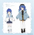  1girl absurdres age_progression ahoge amamiya_kokoro bandaid bandaid_on_knee bandaid_on_leg baseball_cap bell black_boots black_hat black_shirt black_shorts blue_background blue_hair blue_jacket blue_shorts blush boots commentary company_name copyright_notice fang grid_background hair_bell hair_ornament hair_ribbon hat headphones headphones_around_neck highres hood hood_down hooded_jacket jacket jingle_bell kneehighs long_sleeves looking_at_viewer mugichoco multiple_views nijisanji official_alternate_costume official_art open_clothes open_jacket ribbon sample_watermark shirt shoes short_hair short_twintails shorts skin_fang sleeves_past_wrists smile socks thighhighs translated twintails two_side_up virtual_youtuber watermark white_background white_jacket white_shirt white_shoes white_thighhighs yellow_eyes 